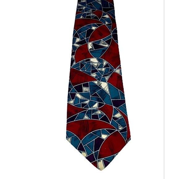 Vintage Geoffrey Beene silk tie, bold geometric, red & teal green - Picture 2 of 10